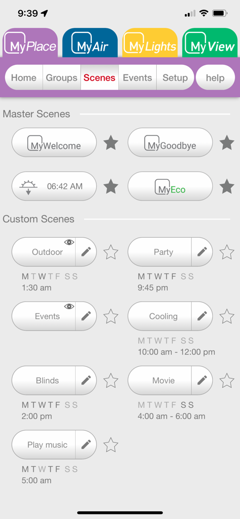 MyPlace app interface showing master and custom home automation scenes like welcome, goodbye, and cooling