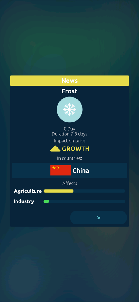 Une alerte d'actualité dans le simulateur de marché boursier montrant l'impact économique d'un gel en Chine.