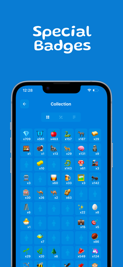 Bloobi - A collection screen in the Bloobi app showing various earned emoji badges and their quantities on a blue grid.