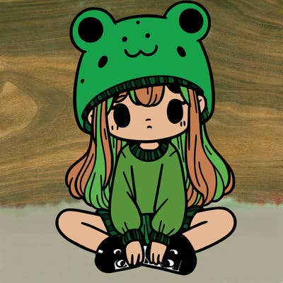 a girl wearing a frog hat and some frog socks