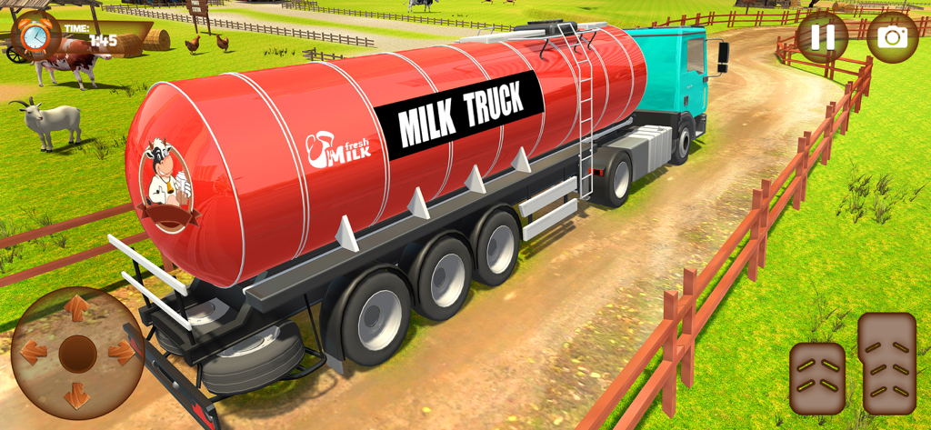 Animal Games : Truck Simulator - A red milk truck driving through a green farm field with cows and goats in a 3D simulation game