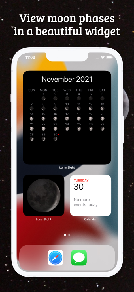 Moon Phase Calendar LunarSight - 白いiPhoneのホーム画面に、月相と月カレンダーのウィジェットが表示されています。
