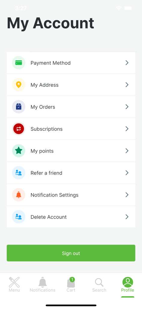 Tela de configurações da conta do usuário do aplicativo Max Fit Meals mostrando opções de métodos de pagamento, assinaturas e pedidos