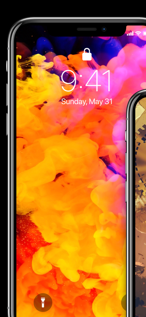 Live Wallpapers for Me - An iPhone lock screen displaying a vibrant orange and pink smoke live wallpaper from the Live Wallpapers for Me app