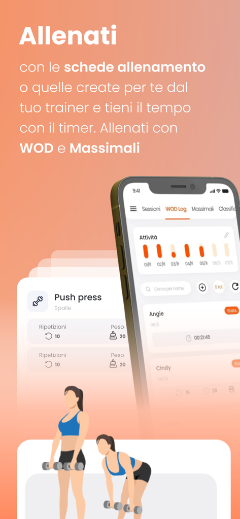 Mobile interface of APP Palestre showing workout of the day tracking and activity log