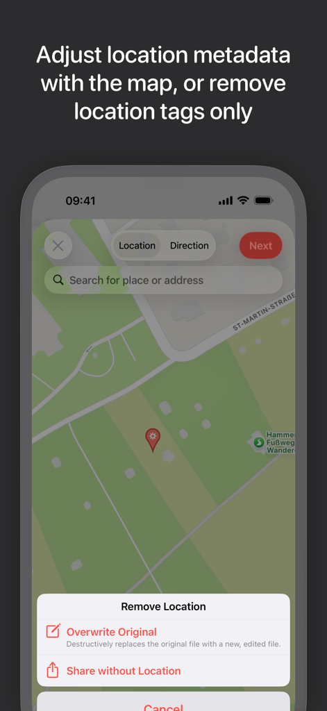 Una pantalla de iPhone que muestra la interfaz de Metapho para ajustar los metadatos de ubicación de la foto en un mapa y las opciones para eliminar o compartir sin datos de ubicación.