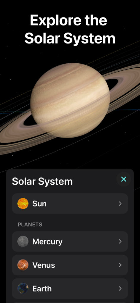 Planetaria: Space Simulator - Visualizzazione 3D di Saturno con menu planetario in Planetaria Space Simulator