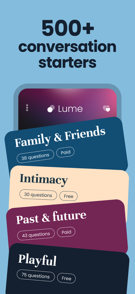 Valentines Day Games for Two - Lume app interface showing over 500 conversation starters for couples categorized by themes like Intimacy and Playful