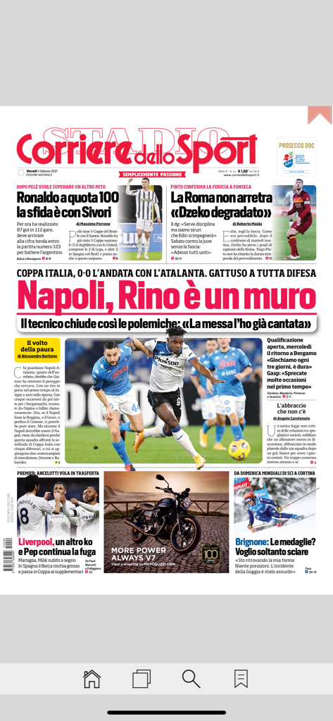 Edición digital del periódico Corriere dello Sport con titulares sobre fútbol italiano y la Serie A.