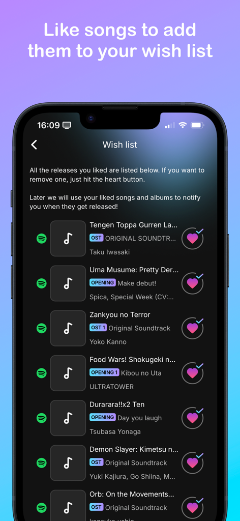 AniPlaylist - La pantalla de lista de deseos en la aplicación AniPlaylist que muestra una lista de openings y bandas sonoras de anime marcados para notificaciones de lanzamiento.