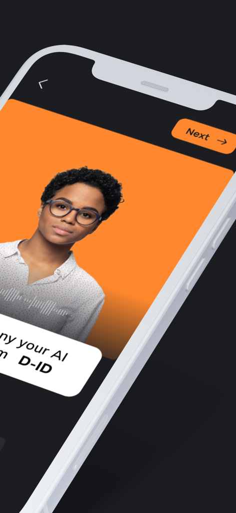 D-ID: AI Video Generator - Schermata di uno smartphone che mostra l'app generatore di video AI D-ID con un avatar digitale