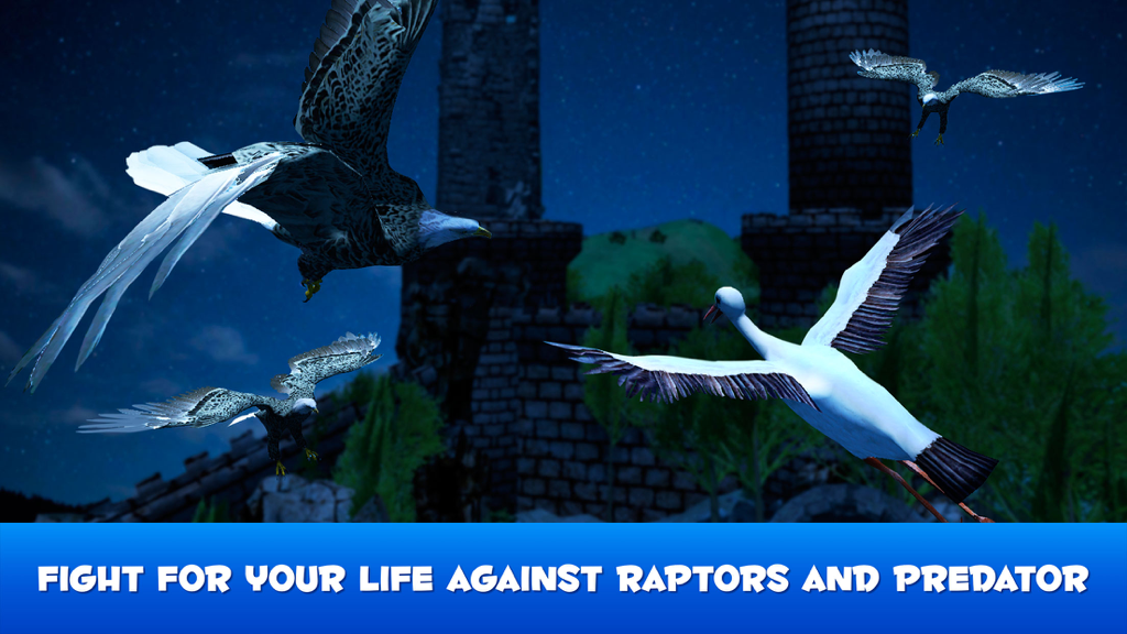 Stork Simulator 3D: Flying Bird Life - A white stork in flight defending itself against predatory eagles at night in a 3D simulation game.
