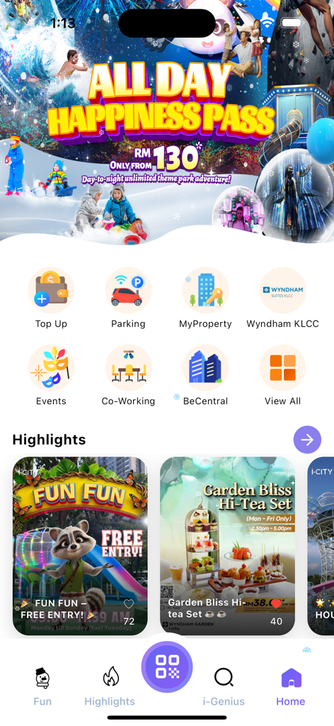 i-City SuperApp - Home screen of the i-City SuperApp featuring lifestyle and travel services like parking property management and theme park tickets