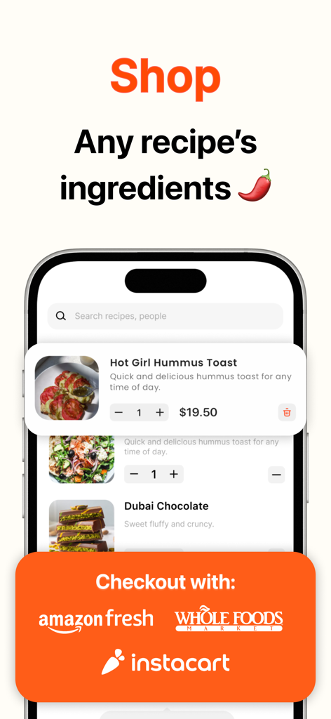 Sizzle - Discover, Shop, Cook! - Sizzle app screenshot showing a shopping cart with recipe ingredients and checkout options for Amazon Fresh, Whole Foods, and Instacart.
