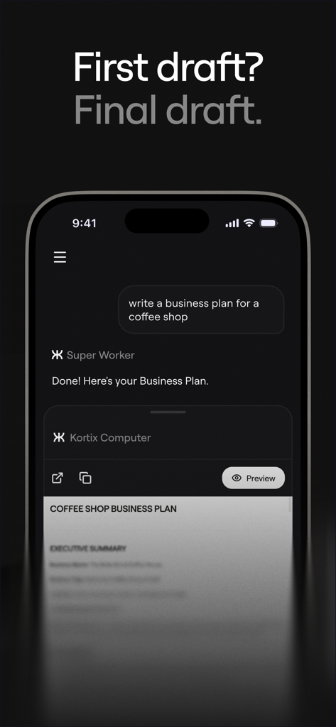 Kortix - Kortix App-Oberfläche, die einen KI-Agenten zeigt, der auf einem Smartphone einen professionellen Geschäftsplan für ein Café erstellt.