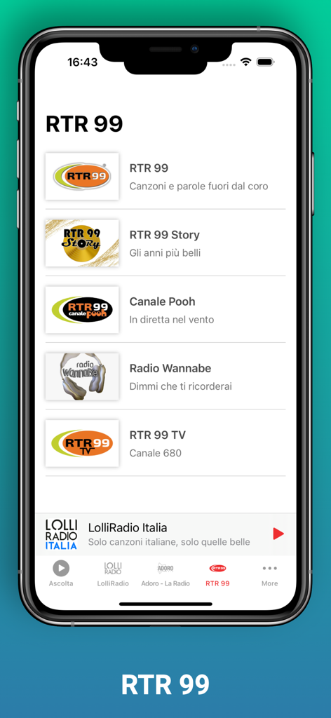 LolliRadio - Pantalla de la aplicación LolliRadio que muestra una lista de canales de radio italianos RTR 99 y subestaciones.