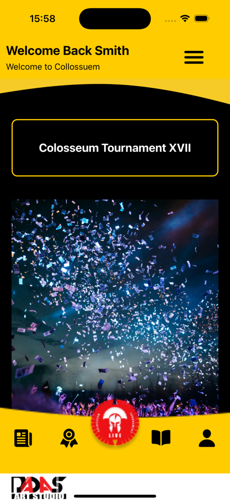 Home screen of the Colosseum Kickboxing Live app showing tournament information and navigation icons