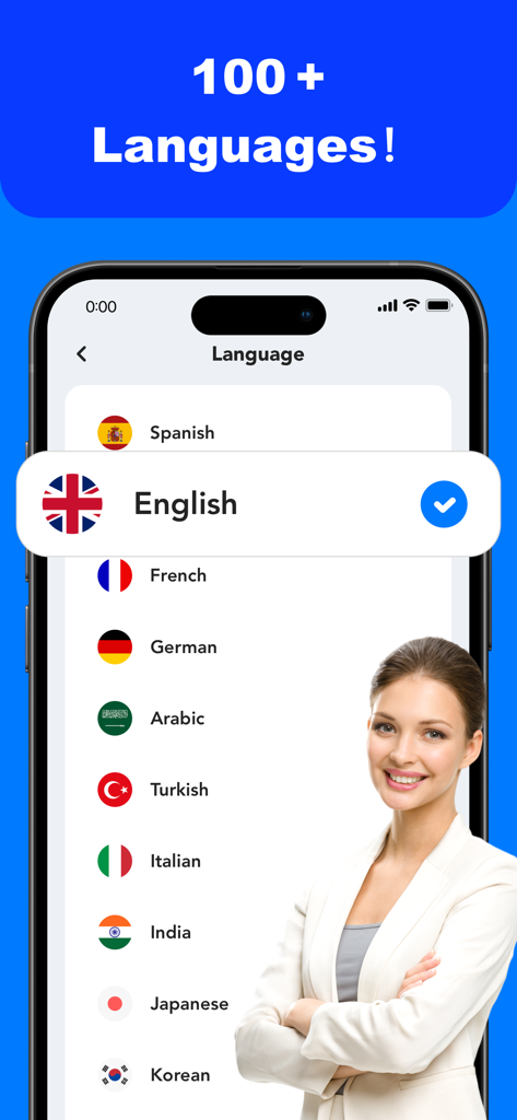 Translation Book:AI Translator - Interface de l'application Translation Book montrant une sélection de plus de 100 langues avec leurs drapeaux respectifs