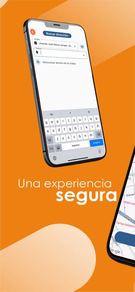 Roda Rides - Smartphone screen showing the destination search interface of the Roda Rides app with the text Una experiencia segura