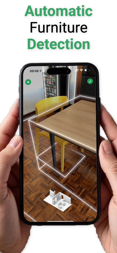 ARルームスキャンでテーブルと椅子を囲む3Dバウンディングボックスで、自動家具検出を示すiPhoneアプリ画面。