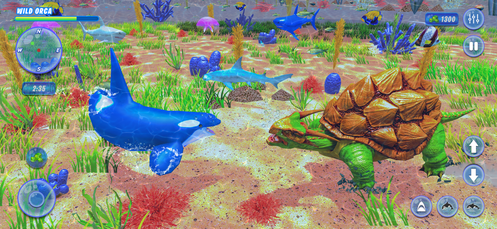 Orca Killer Whale Simulator - A blue orca whale encountering a giant spiked sea turtle in a 3D underwater environment