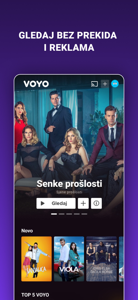 VOYO.rs - Interfaz de la aplicación móvil VOYO.rs con series y películas de televisión serbias y opciones de transmisión sin publicidad