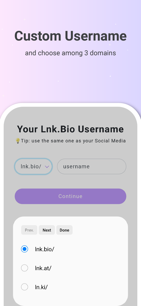 Lnk.Bio - Link in bio - Mobile app screen for Lnk.Bio where users can choose a custom username and select from different domain options like lnk.bio, lnk.at, and ln.ki.