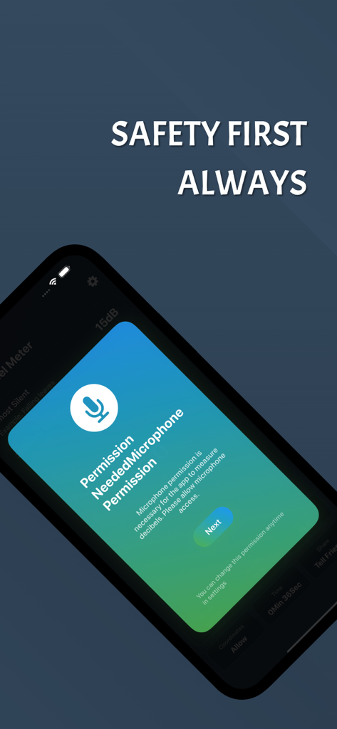 Decibel Meter: Expert Accuracy - Microphone permission request interface on the Decibel Meter app for noise measurement accuracy.