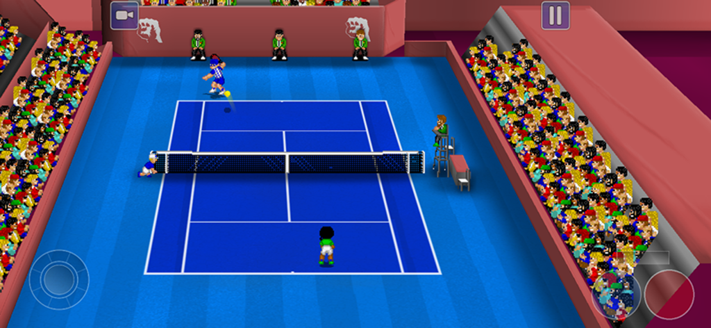 Retro pixel art tennis match on a blue court
