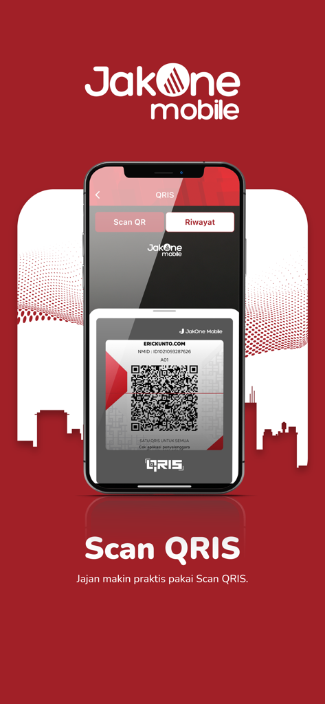 JakOne Mobile app screenshot showing the QRIS scan feature for Indonesian digital banking