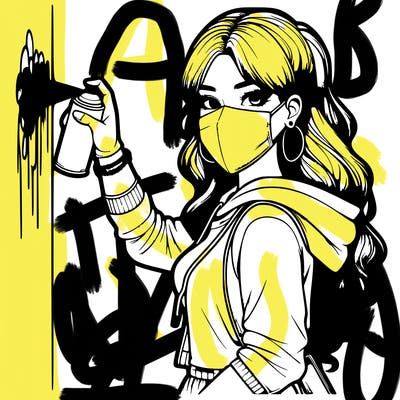 realistic girl with mask spray painting a wall