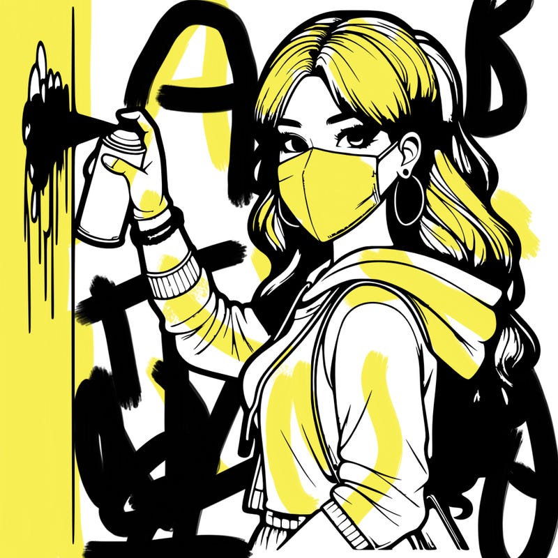 realistic girl with mask spray painting a wall