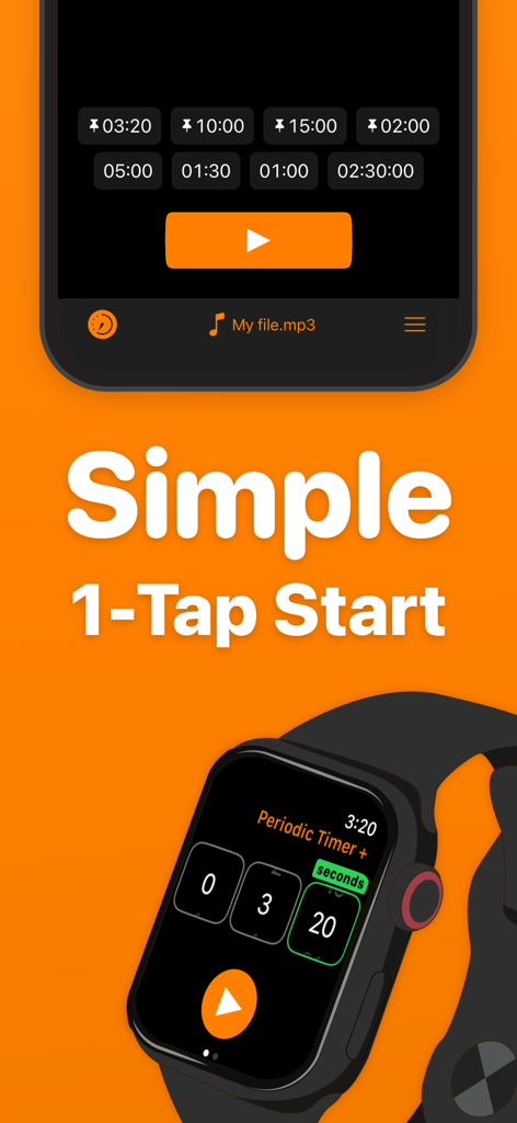 Periodic Timer + - Benutzeroberfläche der Periodic Timer Plus App auf dem iPhone und der Apple Watch, die die einfache Ein-Tipp-Startfunktion hervorhebt
