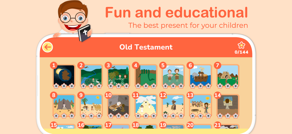 I Read: The Bible app for kids - I Read Bible app interface showing a list of Old Testament stories for children with a star progress system.