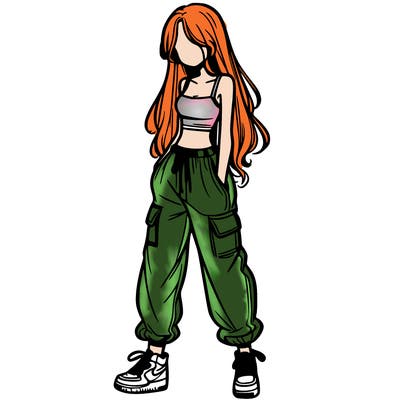 girl in baggy pants crop top and long hair
