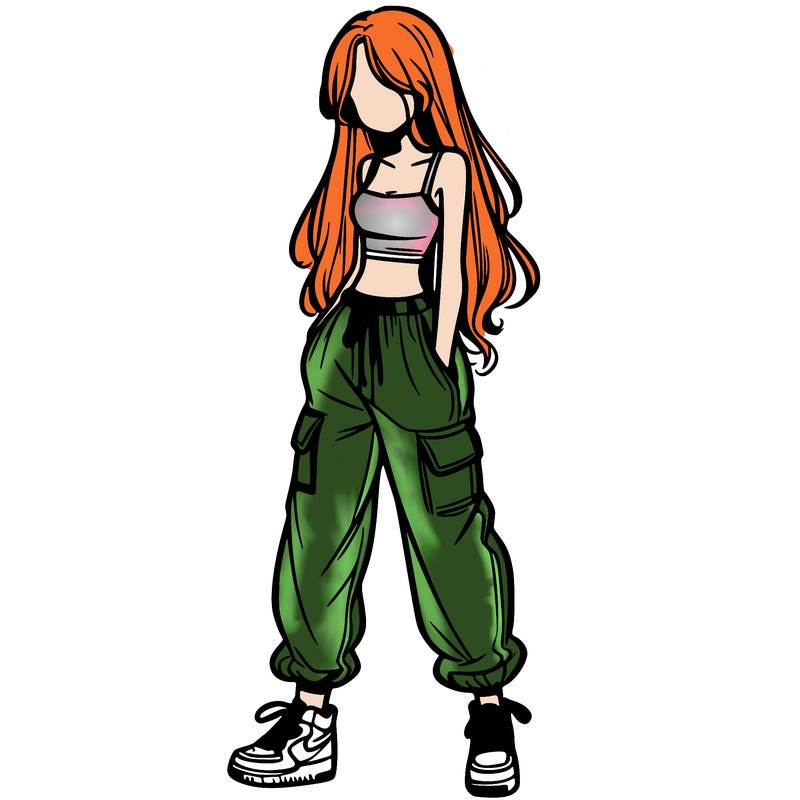 girl in baggy pants crop top and long hair