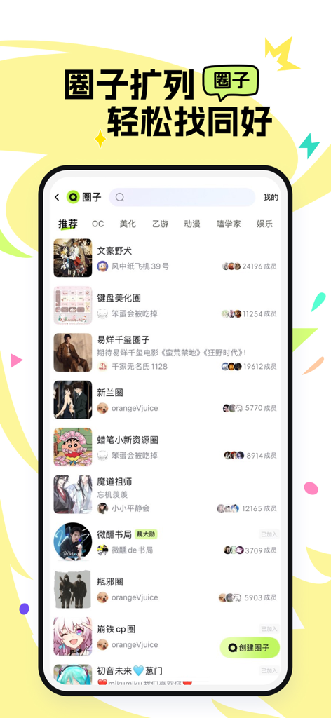 次遇 - Interface de l'application CiYu montrant une liste de cercles sociaux pour les communautés d'anime et de personnages originaux.