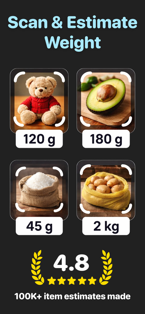 Scale Gram Digital Weight AI - Scale Gramアプリでアボカド、テディベア、塩、ジャガイモのAI重量推定例