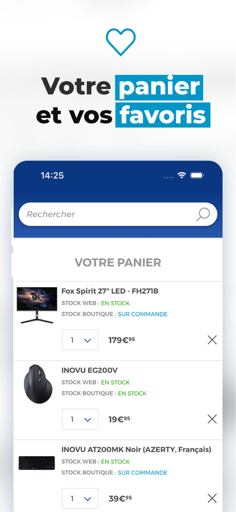 Shopping cart view in the LDLC mobile app showing high tech items like a monitor, a mouse and a keyboard