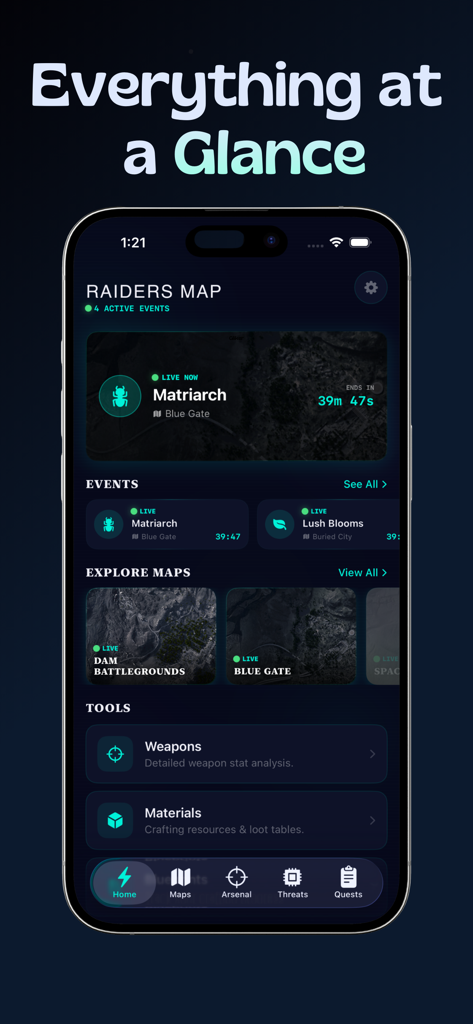 Raiders Map & Live Events - RAIDEX app home screen displaying live game events and tactical maps.