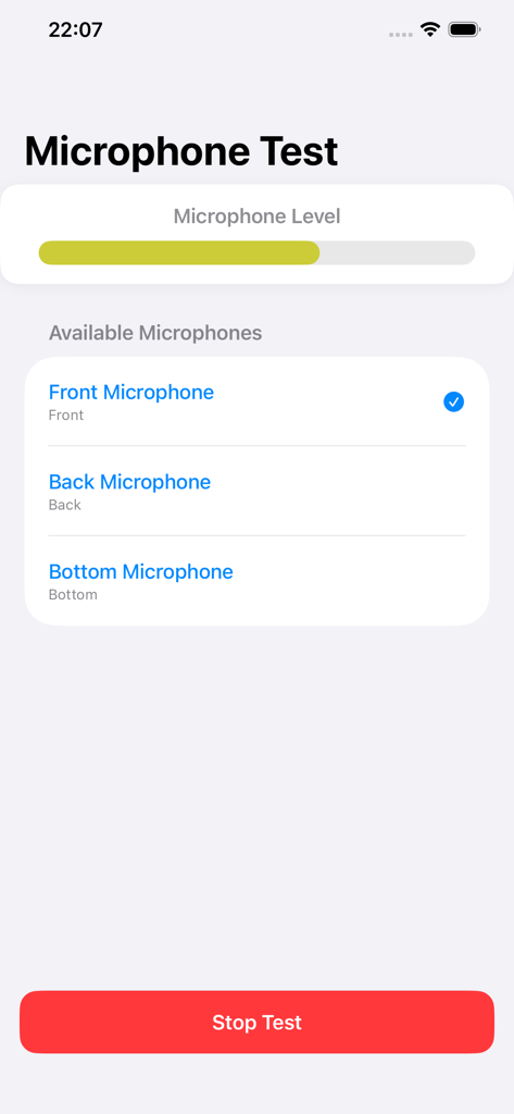 Interfaz de la aplicación Microphone Test para comprobar los micrófonos frontal, trasero e inferior del iPhone