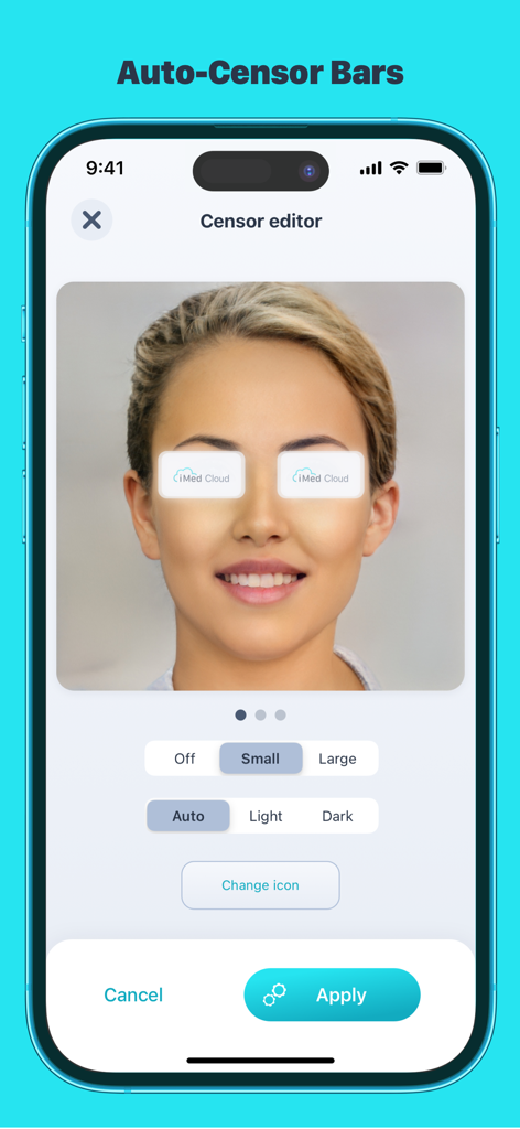 La funzione di autocensura nell'app iMed HIPAA cloud che protegge la privacy del paziente coprendo gli occhi.