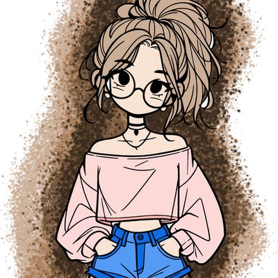 girl with a messy ponytail glasses a baggy crop top and jean shorts