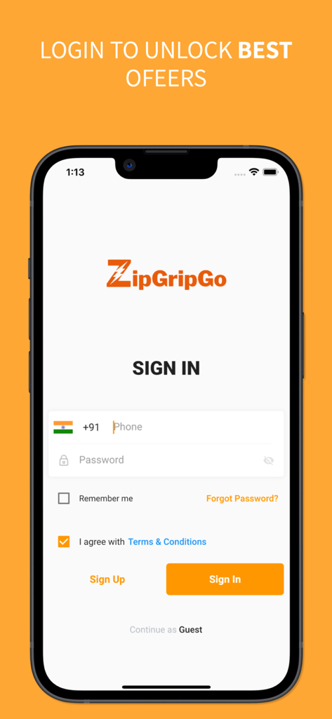 Sign in page for ZipGripGo food delivery app