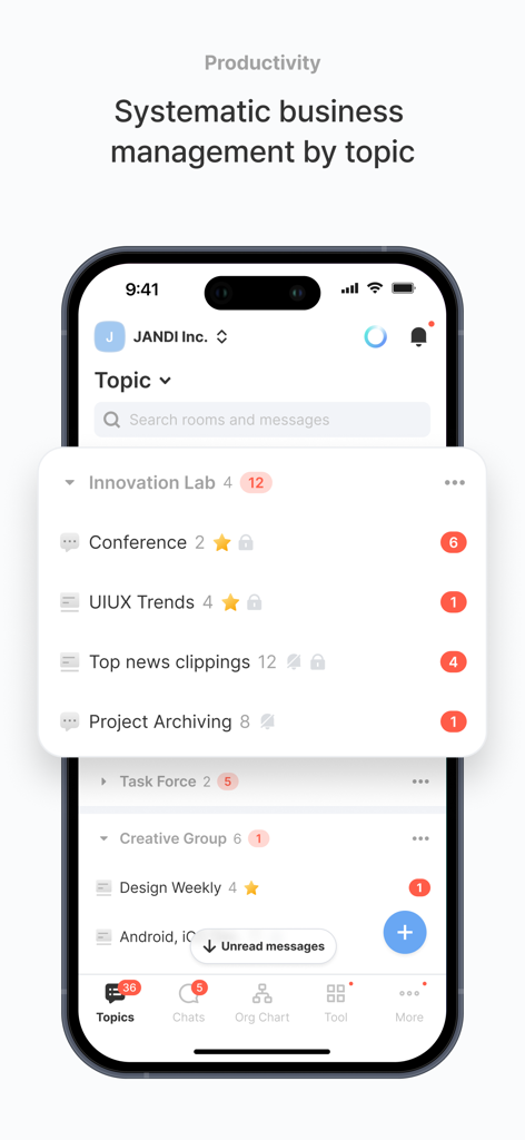 Smartphone screen displaying the JANDI app's systematic business management interface organized by topics like Innovation Lab and UIUX Trends.
