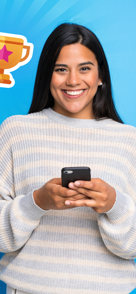 Waterful® Drink water tracker - A smiling woman holding a smartphone next to a trophy icon representing a hydration goal achievement
