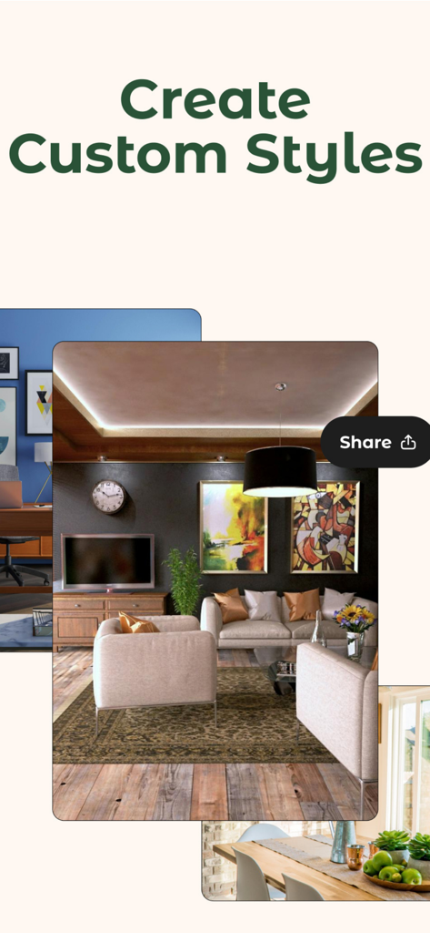 Decora AI: AI Room Designer - Luxury living room design preview in Decora AI app with the text Create Custom Styles