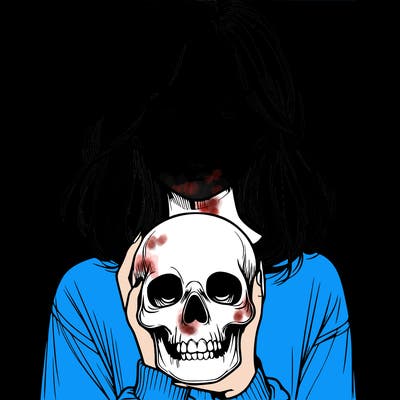 realistic girl holding a skull