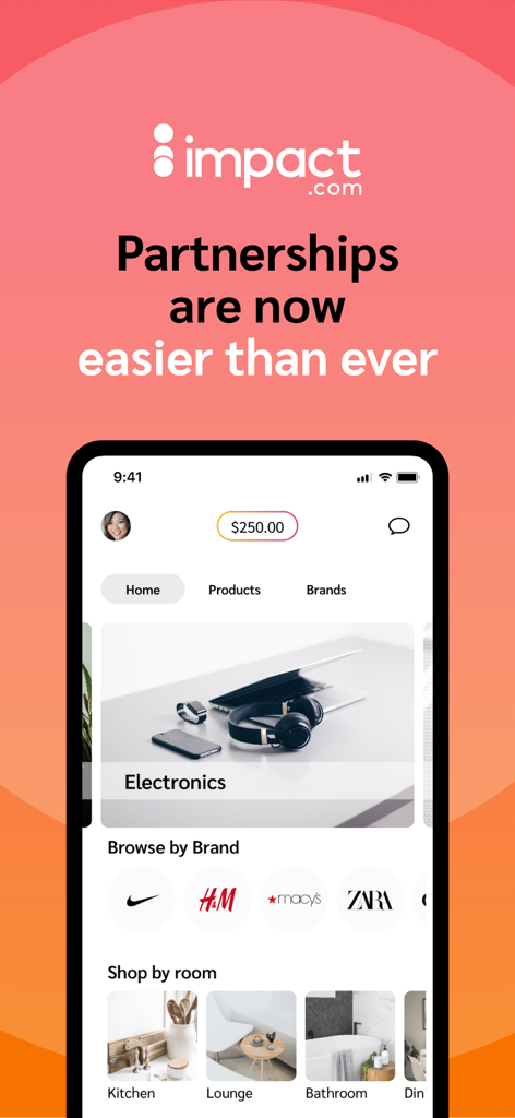 L'interface de l'application mobile impact.com montrant les opportunités de partenariat avec des marques mondiales.