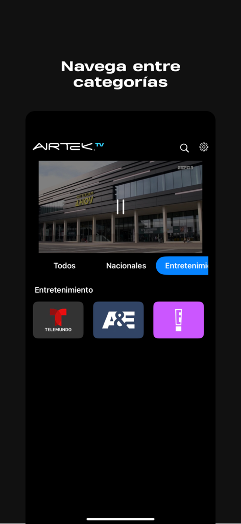 Airtek TV mobile app interface showing a live video player and browsing categories for entertainment channels like Telemundo and AE